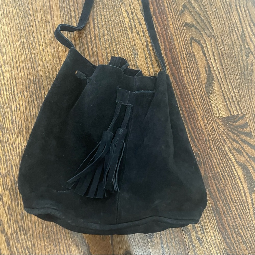 ROOST Black Suede Drawstring Bucket Bag Crossbody Purse